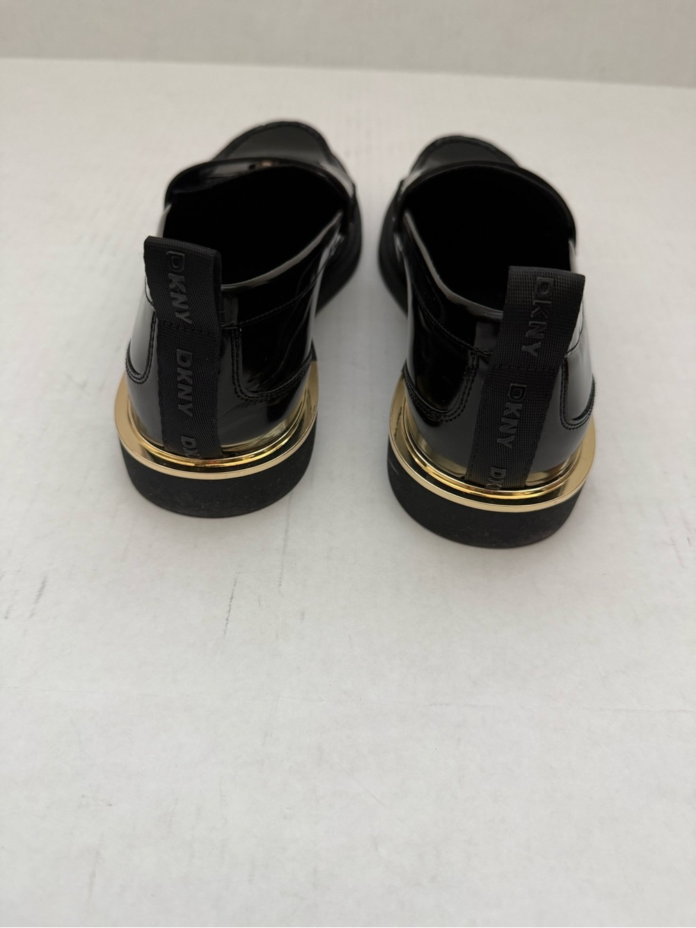 DKNY Black Patent Loafers with Gold Accent Size 10 - Picture 10 of 14